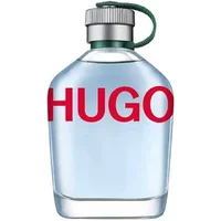 Clear glass bottle of Hugo Boss Hugo Man Eau De Toilette with red "HUGO" text and green cap.