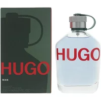 Clear glass bottle with silver cap and green strap, Hugo Boss Hugo Man Eau De Toilette, red logo, 200ml.