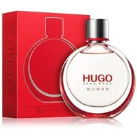 Clear round bottle of Hugo Boss HUGO Woman Eau De Parfum, 50ml, with red accents and matching red box.