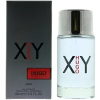 Hugo Boss Hugo XY Eau De Toilette 100ml, clear glass bottle with silver cap, black and red text, next to matching box.
