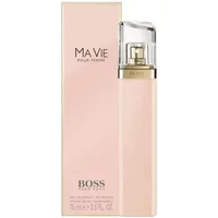 Pink Hugo Boss Ma Vie Eau De Parfum 75ml bottle with transparent cap and gold accents, next to matching box.