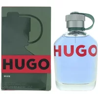 Hugo Boss Man Eau De Toilette 125ml, clear bottle with red logo, silver cap, green box with silhouette design.