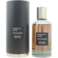 Hugo Boss Magnetic Musk Eau De Parfum 100ml, clear bottle with silver cap, black label, black cylindrical box.