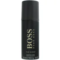Black Hugo Boss The Scent deodorant spray, 150ml, with bold silver logo and sleek cylindrical design.