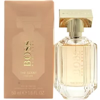 Hugo Boss The Scent For Her Eau De Parfum 50ml, clear faceted bottle with gold cap, peach box with gold lettering.