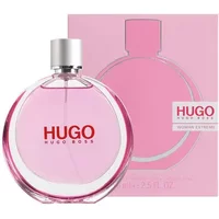 Pink Hugo Boss Woman Extreme Eau De Parfum 75ml bottle with silver cap, red logo, and matching pink box.