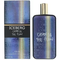 Blue rectangular Iceberg Change The Flow Eau De Toilette bottle with gold cap, matching box with gradient design.