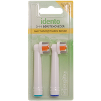 Idento 3-in-1 brush heads, white with orange and blue accents, in clear plastic packaging.