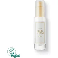 Clear bottle of I'm FROM Rice Serum 30ml with beige pump, white label, and vegan logo.