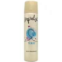 Impulse Tease Body Fragrance 75ml with beige cap, white can, blue and pink abstract design, bold black logo.