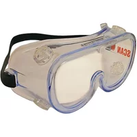 Clear direct vent safety goggles with black elastic strap and blue trim, labeled "Scan" on the side.