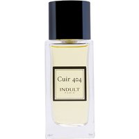 Clear glass bottle of Indult Cuir 404 Eau de Parfum with black cap and beige label, unisex leather fragrance.