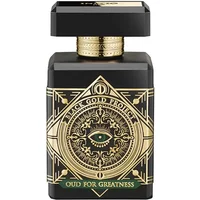 Black rectangular perfume bottle with gold geometric design and "Oud For Greatness" label.
