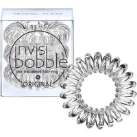 Clear spiral hair ties in a transparent box, labeled "Invisibobble Original Crystal Clear," set of three.