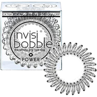 Clear spiral Invisibobble Power Crystal hair elastics, 3 pieces in a transparent box with black text and logo.