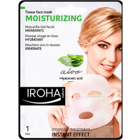 Iroha Moisturising Aloe Sheet Mask packaging with woman holding mask, green aloe graphic, and hyaluronic acid text.