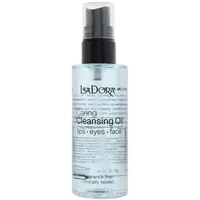 IsaDora Caring Cleansing Oil 100ml, clear bottle with black pump, labeled for lips, eyes, face cleansing.