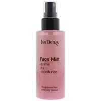 Pink IsaDora Face Mist bottle, 100ml, with black spray nozzle and text "prime, fix, moisturize" on the label.