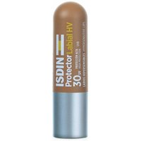 Brown and silver Isdin Lip Balm HV SPF 30 with cylindrical cap and bold white text.