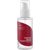Clear bottle with red label, white pump cap, containing Isntree Chestnut AHA 8% Clear Essence, 100ml.