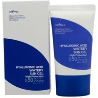 Isntree Hyaluronic Acid Watery Sun Gel SPF 50+ in blue and white tube with matching box.