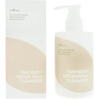 White pump bottle with beige label, "Isntree Yam Root Vegan Milk Cleanser," next to matching box.