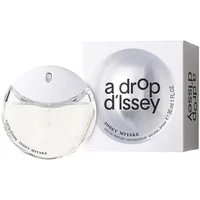 Clear round bottle with white cap, next to white box with silver circle, labeled "a drop d'Issey" by Issey Miyake.