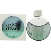 Round glass bottle of Issey Miyake A Drop d'Issey Eau De Parfum Fraiche 50ml with square cap and matching box.