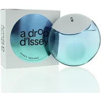 Round blue-green Issey Miyake perfume bottle with white cap, next to matching box labeled "a drop d'Issey."
