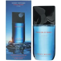 Blue Issey Miyake Fusion d'Issey Extreme Eau De Toilette 100ml bottle with black cap, next to matching box.