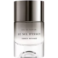 Clear glass bottle with silver cap, labeled "Le Sel d'Issey" Eau De Parfum by Issey Miyake, 50ml.