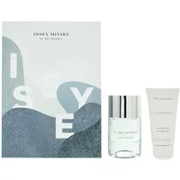 Issey Miyake gift set with 50ml clear eau de toilette bottle, silver cap, and 50ml white shower gel tube, abstract box design.