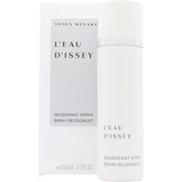White cylindrical bottle of Issey Miyake L'Eau D'Issey Deodorant Spray 100ml with minimalist gray text.