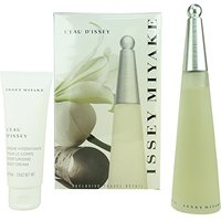 Issey Miyake gift set with tall frosted perfume bottle, silver cap, and matching white body lotion tube, floral box design.