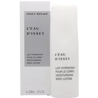 White Issey Miyake L'Eau D'Issey body lotion bottle with black text, next to matching white box, 200ml size.
