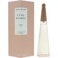 Issey Miyake L'Eau D'Issey Pivoine Eau De Toilette Intense 100ml, tall conical bottle with wooden cap, pink box.