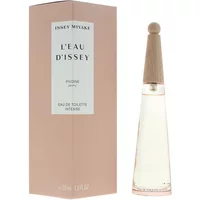 Issey Miyake L'Eau D'Issey Pivoine Eau De Toilette Intense 50ml, cone-shaped bottle with wooden cap, pink box.