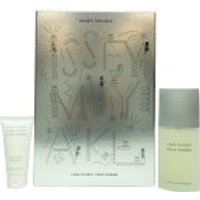 Issey Miyake gift set with silver box, 75ml frosted glass EDT bottle, and 50ml white shower gel tube.