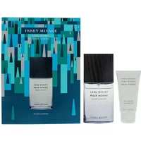 Issey Miyake gift set with blue box, includes 50ml cologne with dark cap and matching shower gel tube.