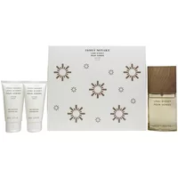 Issey Miyake gift set with cologne in a square bottle and two shower gels, packaged in a white box with star patterns.
