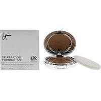 Compact IT Cosmetics Celebration Foundation in silver case with mirror, rich shade, includes white applicator sponge.