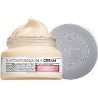 Beige IT Cosmetics moisturizer in a round jar with silver lid, labeled "Confidence in a Cream Anti-Ageing Hydrating Moisturiser."