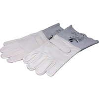 White leather protector over gloves with gray cuffs, designed for use with rubber gauntlets.