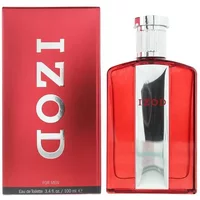 Izod Legacy Red Eau De Toilette 100ml bottle, red glass with silver cap, next to matching red box with bold white text.
