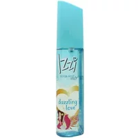 Izzi Dazzling Love Body Mist 100ml with blue cap, clear bottle, heart design, and colorful illustration.