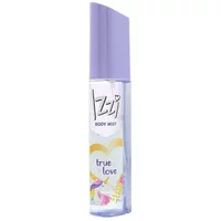 Clear bottle of Izzi True Love Body Mist 100ml with purple cap and colorful heart design.