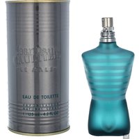 Blue-striped torso-shaped bottle of J.P. Gaultier Le Male Eau de Toilette with silver cylindrical tin.