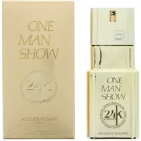 Gold Jacques Bogart One Man Show 24k Eau De Parfum bottle with matching box, 100ml, sleek and elegant design.