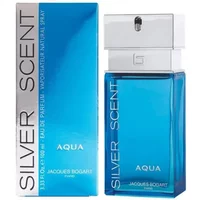 Jacques Bogart Silver Scent Aqua Eau De Parfum 100ml, blue rectangular bottle with silver cap and matching box.