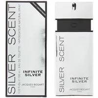 Jacques Bogart Silver Scent Infinite Silver Eau De Toilette 100ml, sleek silver bottle with black cap, boxed packaging.